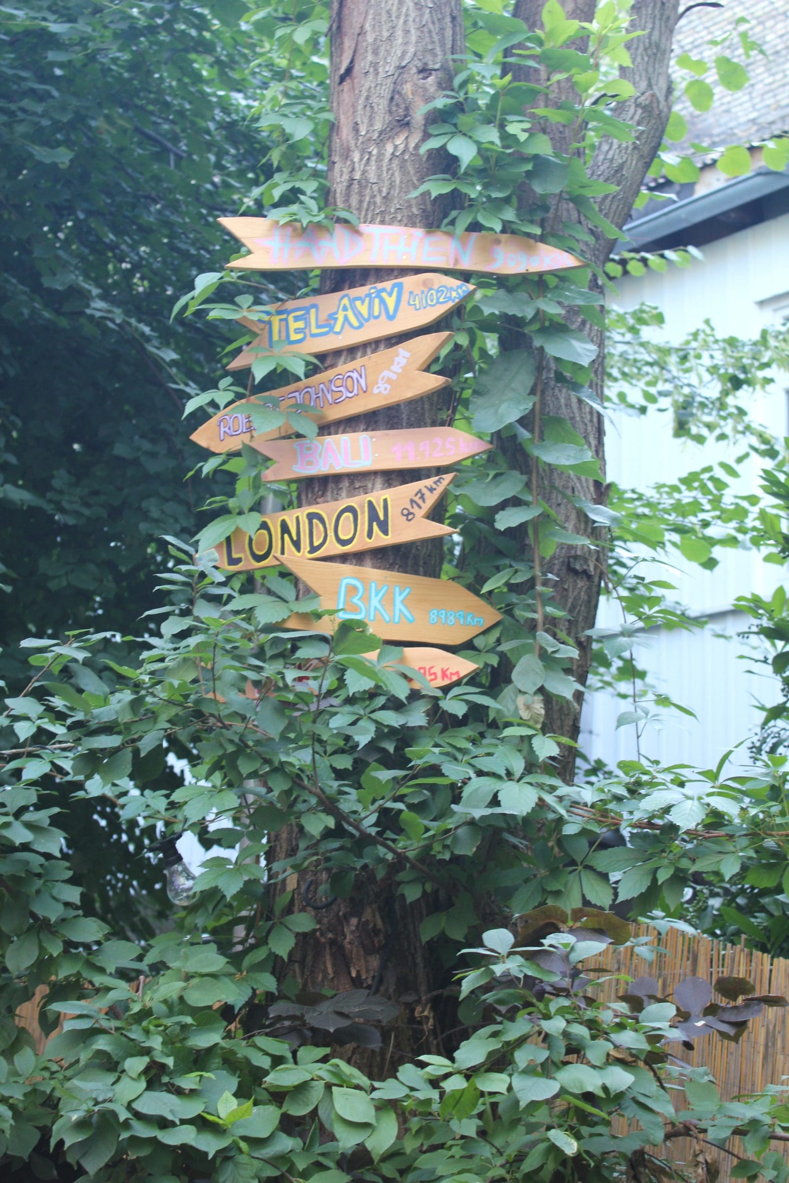 Der große Wegweiser mit Entfernungen zu Traumzielen wie London, Tel Aviv oder Bali lässt Fernweh aufkommen.